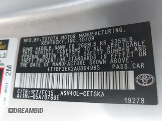 2010 Toyota Camry with VIN 4T1BF3EK2AU064985, listed as a IAAI auction lot 41666234 with 162,597 mi miles and . Bid and sale history available at DreamBid. Image 9.