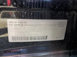 2003 Audi A4 1.8T z VIN WAUJC68E73A377743, wystawiony jako Copart lot #58604895 z przebiegiem 157 497 mil mil oraz Czysty tytuł • Clean title. Historia ofert i sprzedaży dostępna na DreamBid. Obrazek 12.