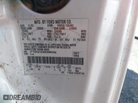 2006 Ford F-250 XL with VIN 1FTSX21536EB96392, listed as a IAAI auction lot 42379372 with 295,341 mi miles and . Bid and sale history available at DreamBid. Image 9.