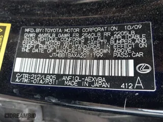 2010 Lexus HS 250h with VIN JTHBB1BAXA2011199, listed as a IAAI auction lot 41829045 with 155,094 mi miles. Bid and sale history available at carsss.com. Image 9.