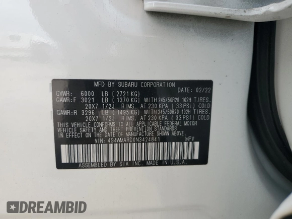 2022 Subaru Ascent Touring z VIN 4S4WMARD0N3424841, wystawiony jako Copart lot #57729445 z przebiegiem 41 761 mil mil oraz Szkoda całkowita • Salvage title. Historia ofert i sprzedaży dostępna na DreamBid. Obrazek 13.