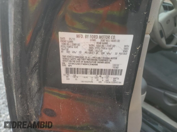 2011 Ford Escape XLS with VIN 1FMCU9C74BKC54098, listed as a Copart auction lot 49993445 with 245,676 mi miles and Salvage title. Bid and sale history available at DreamBid. Image 13.