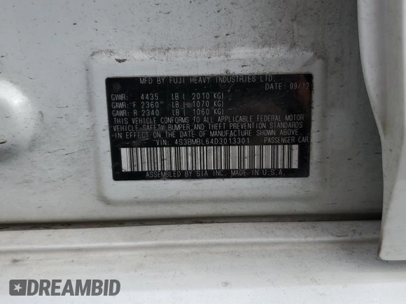 2013 Subaru Legacy Limited with VIN 4S3BMBL64D3013301, listed as a Copart auction lot 50209915 with 127,550 mi miles and Salvage Title. Bid and sale history available at DreamBid. Image 12.