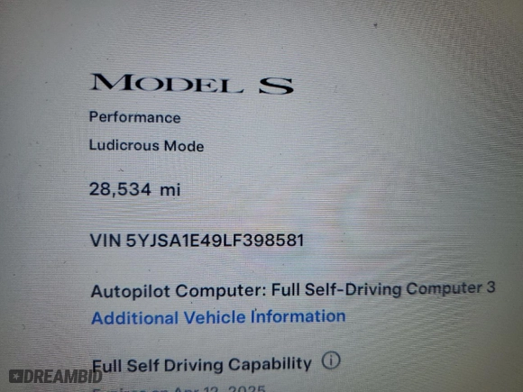 2020 Tesla Model S Performance with VIN 5YJSA1E49LF398581, listed as a Copart auction lot 50723735 with 28,534 mi miles and Salvage Title. Bid and sale history available at carsss.com. Image 9.