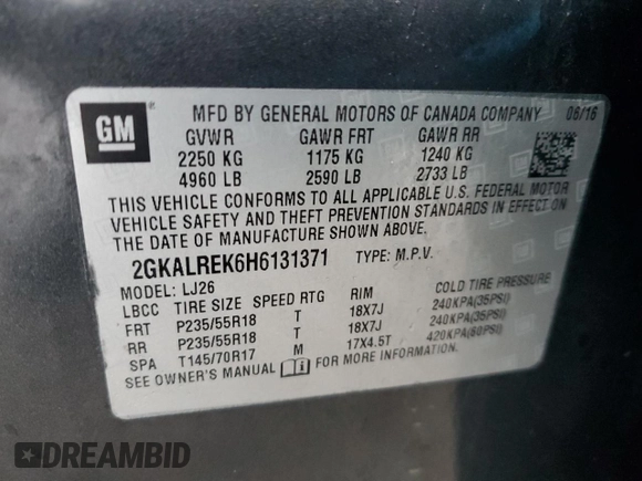 2017 GMC Terrain Denali with VIN 2GKALREK6H6131371, listed as a Copart auction lot 41731835 with 121,715 mi miles and Salvage title. Bid and sale history available at DreamBid. Image 13.