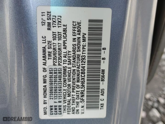 2012 Honda Odyssey EX-L with VIN 5FNRL5H6XCB041293, listed as a Copart auction lot 51707715 with 147,322 mi miles and Salvage Title. Bid and sale history available at carsss.com. Image 15.