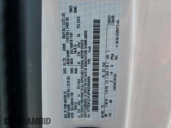 2023 Ford F-150 XL with VIN 1FTEX1CP3PKD50009, listed as a Copart auction lot 59509115 with 90,138 mi miles and Salvage title. Bid and sale history available at DreamBid. Image 12.