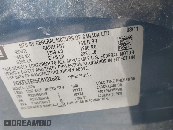2012 GMC Terrain SLE-2 with VIN 2GKFLTE55C6132582, listed as a IAAI auction lot 41870695 with 165,483 mi miles and . Bid and sale history available at DreamBid. Image 9.
