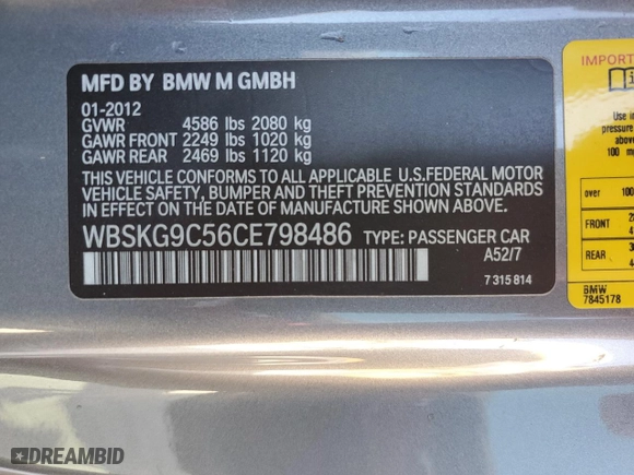 2012 BMW M3 with VIN WBSKG9C56CE798486, listed as a Copart auction lot 49695915 with 81,637 mi miles and Salvage Title. Bid and sale history available at carsss.com. Image 12.