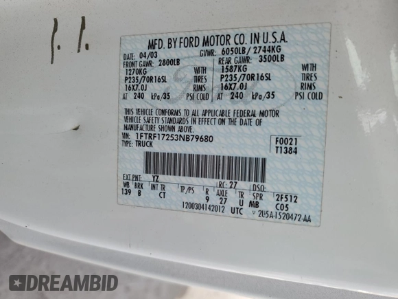 2003 Ford F-150 XL with VIN 1FTRF17253NB79680, listed as a Copart auction lot 46692635 with 126,408 mi miles and Salvage Title. Bid and sale history available at DreamBid. Image 14.
