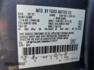 2021 Ford Mustang Mach-E California Route 1 with VIN 3FMTK2R74MMA17577, listed as a Copart auction lot 75107324 with 54,101 mi miles and Salvage Title. Bid and sale history available at DreamBid. Image 12.