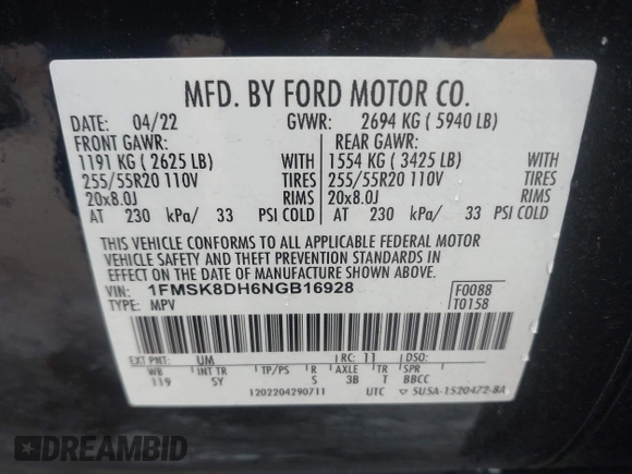2022 Ford Explorer XLT with VIN 1FMSK8DH6NGB16928, listed as a IAAI auction lot 41917630 with 51,427 mi miles and . Bid and sale history available at DreamBid. Image 9.