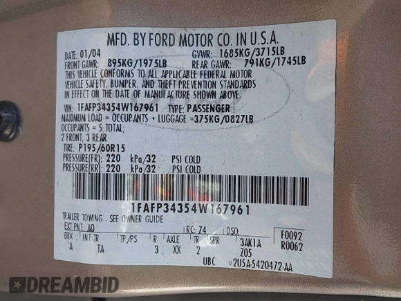 2004 Ford Focus SE with VIN 1FAFP34354W167961, listed as a IAAI auction lot 41545304 with 128,560 mi miles and . Bid and sale history available at DreamBid. Image 9.