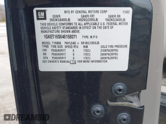 2004 GMC Envoy SLT с VIN 1GKET16S646158071, выставлен на аукционе IAAI как лот 41827351 с пробегом 215 885 миль миль и . История ставок и продаж доступна на DreamBid. Изображение 9.