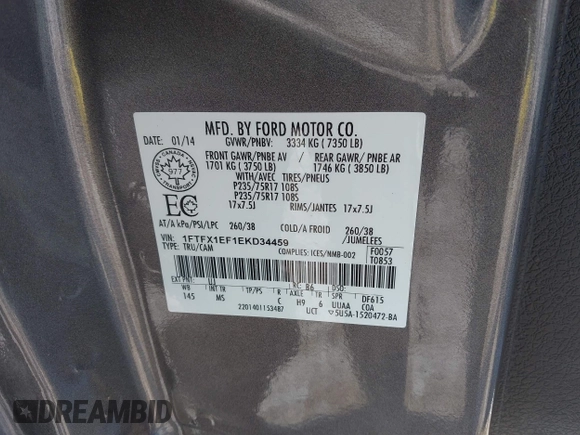 2014 Ford F-150 XL with VIN 1FTFX1EF1EKD34459, listed as a IAAI auction lot 41618872 with 166,468 mi miles. Bid and sale history available at carsss.com. Image 9.