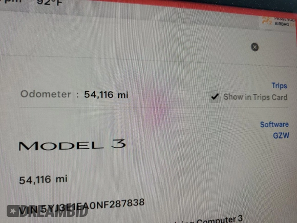 2022 Tesla Model 3 with VIN 5YJ3E1EA0NF287838, listed as a Copart auction lot 47785355 with 54,116 mi miles and Salvage Title. Bid and sale history available at DreamBid. Image 9.