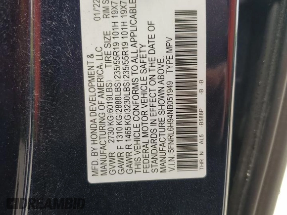 2022 Honda Odyssey Elite z VIN 5FNRL6H94NB051949, wystawiony jako Copart lot #53684245 z przebiegiem Nie podano mil oraz Szkoda całkowita • Salvage title. Historia ofert i sprzedaży dostępna na DreamBid. Obrazek 13.