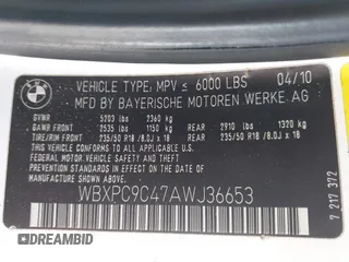2010 BMW X3 xDrive30i with VIN WBXPC9C47AWJ36653, listed as a IAAI auction lot 41620909 with 126,642 mi miles. Bid and sale history available at carsss.com. Image 9.