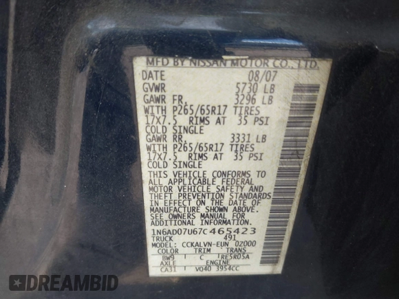 2007 Nissan Frontier SE with VIN 1N6AD07U67C465423, listed as a IAAI auction lot 41980928 with 212,287 mi miles and . Bid and sale history available at DreamBid. Image 9.