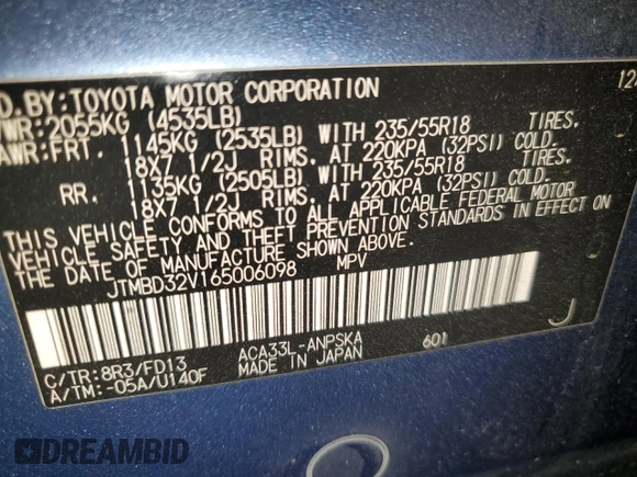 2006 Toyota RAV4 Sport with VIN JTMBD32V165006098, listed as a Copart auction lot 54634335 with Not provided miles and Non repairable. Bid and sale history available at DreamBid. Image 13.