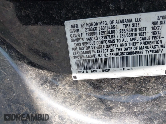 2008 Honda Odyssey EX-L с VIN 5FNRL387X8B049687, выставлен на аукционе IAAI как лот 42318759 с пробегом 311 724 миль миль и . История ставок и продаж доступна на DreamBid. Изображение 9.