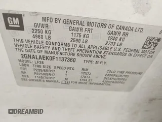 2015 Chevrolet Equinox LS z VIN 2GNALAEK0F1137360, wystawiony jako IAAI lot #42360941 z przebiegiem 227 789 mil mil oraz . Historia ofert i sprzedaży dostępna na DreamBid. Obrazek 9.