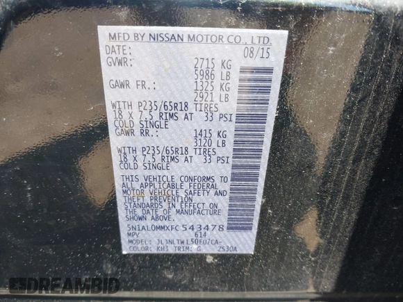 2015 Infiniti QX60 с VIN 5N1AL0MMXFC543478, выставлен на аукционе IAAI как лот 42490920 с пробегом 105 500 миль миль и . История ставок и продаж доступна на DreamBid. Изображение 9.