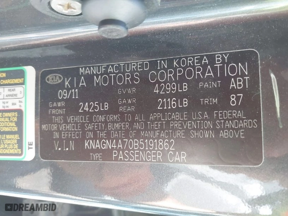 2011 Kia Optima EX with VIN KNAGN4A70B5191862, listed as a IAAI auction lot 41971997 with 146,392 mi miles. Bid and sale history available at carsss.com. Image 9.