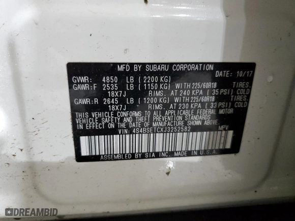 2018 Subaru Outback Touring with VIN 4S4BSETCXJ3252582, listed as a Copart auction lot 47750475 with 48,709 mi miles and Salvage Title. Bid and sale history available at carsss.com. Image 15.