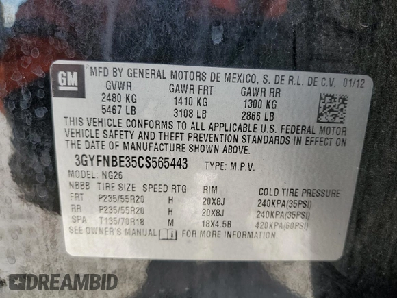 2012 Cadillac SRX Performance Collection with VIN 3GYFNBE35CS565443, listed as a Copart auction lot 44780235 with 171,785 mi miles and Salvage Title. Bid and sale history available at carsss.com. Image 15.
