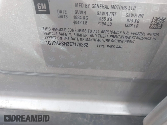 2014 Chevrolet Cruze LS with VIN 1G1PA5SH3E7178262, listed as a IAAI auction lot 42001205 with 159,174 mi miles and . Bid and sale history available at DreamBid. Image 9.