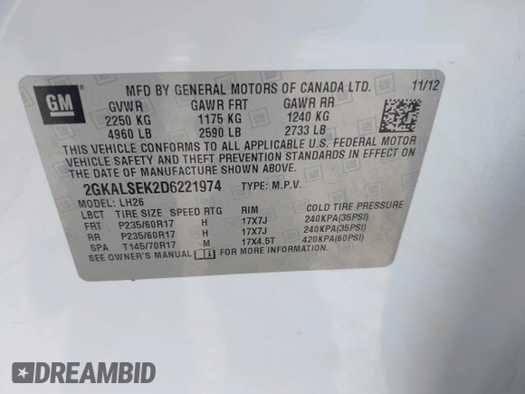 2013 GMC Terrain SLE with VIN 2GKALSEK2D6221974, listed as a IAAI auction lot 42669436 with 214,802 mi miles and . Bid and sale history available at DreamBid. Image 9.