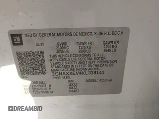 2019 Chevrolet Equinox Premier with VIN 3GNAXXEV4KL338141, listed as a IAAI auction lot 41036530 with 154,923 mi miles and . Bid and sale history available at DreamBid. Image 9.