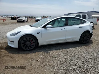 2023 Tesla Model 3 Performance with VIN 5YJ3E1EC5PF487845, listed as a Copart auction lot 62686164 with 4,938 mi miles and Salvage Title. Bid and sale history available at carsss.com. Image 1.