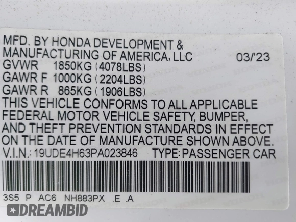 2023 Acura Integra Technology with VIN 19UDE4H63PA023846, listed as a IAAI auction lot 42195077 with 57,873 mi miles and . Bid and sale history available at DreamBid. Image 9.