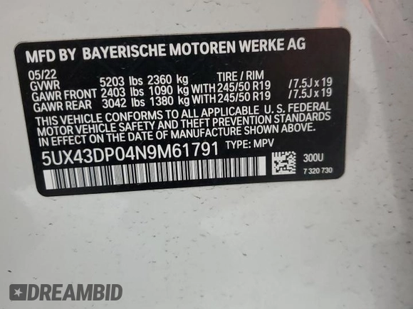 2022 BMW X3 sDrive30i with VIN 5UX43DP04N9M61791, listed as a Copart auction lot 46064925 with 20,331 mi miles and Clean Title. Bid and sale history available at DreamBid. Image 13.