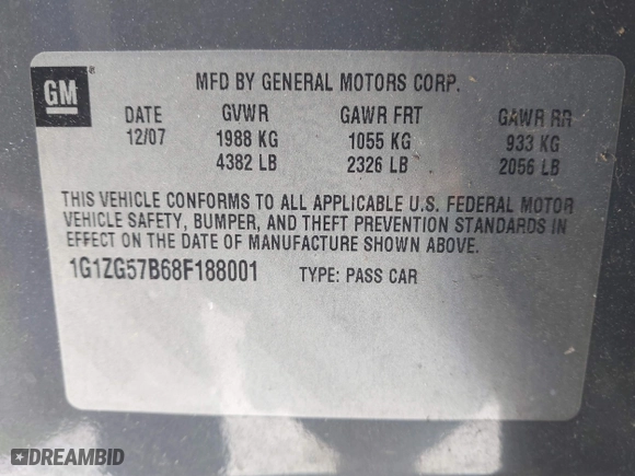 2008 Chevrolet Malibu LS w/1LS with VIN 1G1ZG57B68F188001, listed as a IAAI auction lot 41744611 with 116,535 mi miles. Bid and sale history available at carsss.com. Image 9.