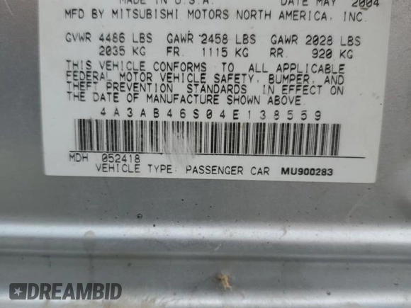 2004 Mitsubishi Galant LS with VIN 4A3AB46S04E138559, listed as a Copart auction lot 67892194 with 263,680 mi miles and Clean Title. Bid and sale history available at carsss.com. Image 15.