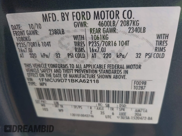 2011 Ford Escape XLT with VIN 1FMCU9D71BKA62118, listed as a IAAI auction lot 42559857 with 104,053 mi miles and . Bid and sale history available at DreamBid. Image 9.