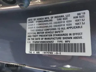 2019 Honda CR-V EX with VIN 7FARW1H59KE029257, listed as a IAAI auction lot 41762869 with 34,328 mi miles. Bid and sale history available at carsss.com. Image 9.