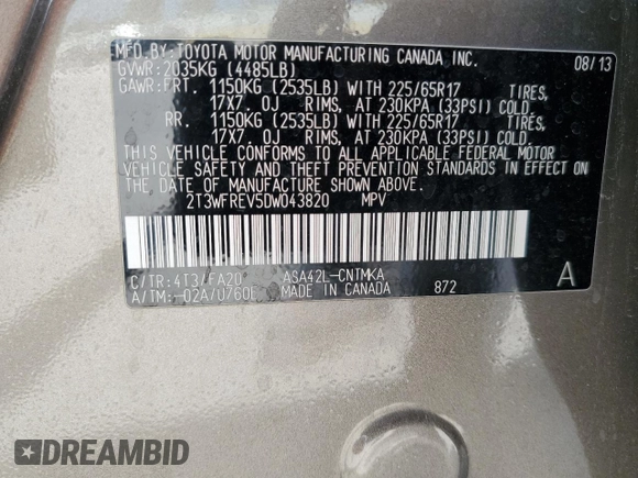 2013 Toyota RAV4 XLE with VIN 2T3WFREV5DW043820, listed as a Copart auction lot 53438945 with 143,208 mi miles and Salvage Title. Bid and sale history available at carsss.com. Image 14.
