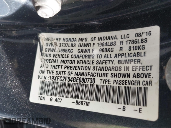 2016 Honda Civic Sedan LX with VIN 19XFC2F54GE080730, listed as a IAAI auction lot 41741400 with 172,987 mi miles. Bid and sale history available at carsss.com. Image 9.