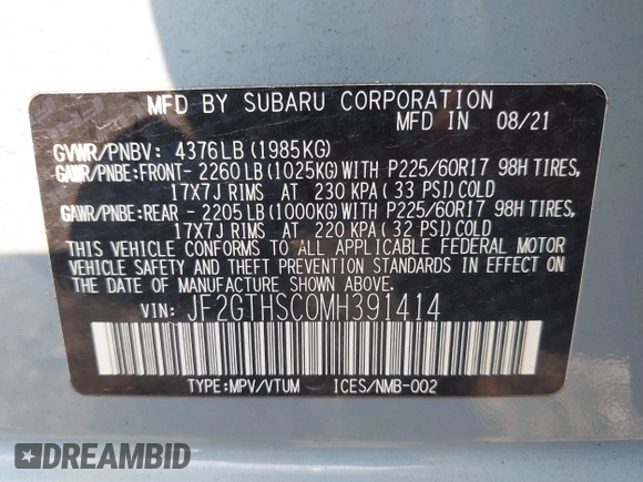2021 Subaru Crosstrek Special Sports with VIN JF2GTHSC0MH391414, listed as a IAAI auction lot 42388875 with 48,018 mi miles and . Bid and sale history available at DreamBid. Image 9.