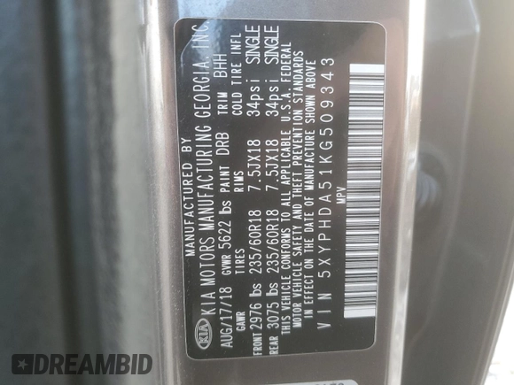 2019 Kia Sorento EX V6 with VIN 5XYPHDA51KG509343, listed as a Copart auction lot 77190244 with 146,620 mi miles and Non Repairable. Bid and sale history available at carsss.com. Image 14.