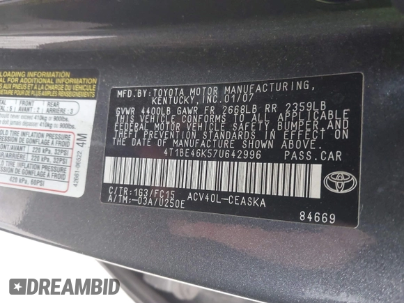 2007 Toyota Camry CE with VIN 4T1BE46K57U642996, listed as a IAAI auction lot 42038206 with 192,369 mi miles and . Bid and sale history available at DreamBid. Image 9.