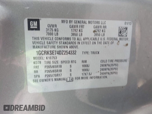 2013 Chevrolet Silverado 1500 LT with VIN 1GCRKSE74DZ254332, listed as a IAAI auction lot 41984869 with 209,242 mi miles and . Bid and sale history available at DreamBid. Image 9.