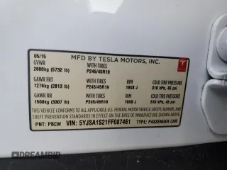 2015 Tesla Model S 85D with VIN 5YJSA1S21FF087461, listed as a Copart auction lot 87027334 with 53,868 mi miles and Salvage Title. Bid and sale history available at carsss.com. Image 14.
