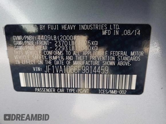 2015 Subaru WRX Premium with VIN JF1VA1D66F9814459, listed as a IAAI auction lot 41831344 with 74,892 mi miles. Bid and sale history available at carsss.com. Image 9.