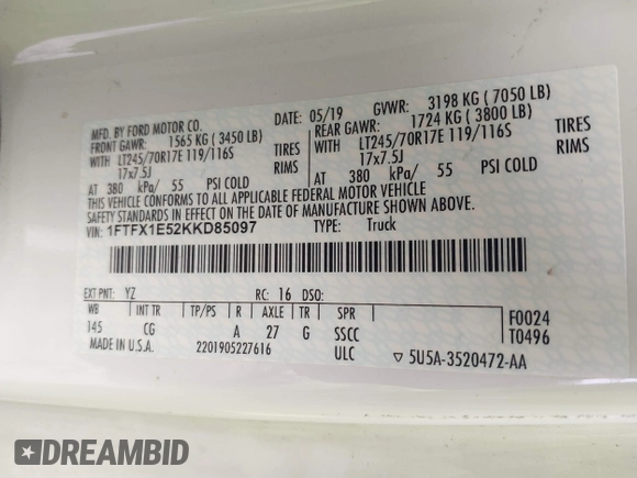 2019 Ford F-150 XL with VIN 1FTFX1E52KKD85097, listed as a IAAI auction lot 41479169 with 96,713 mi miles and . Bid and sale history available at DreamBid. Image 9.