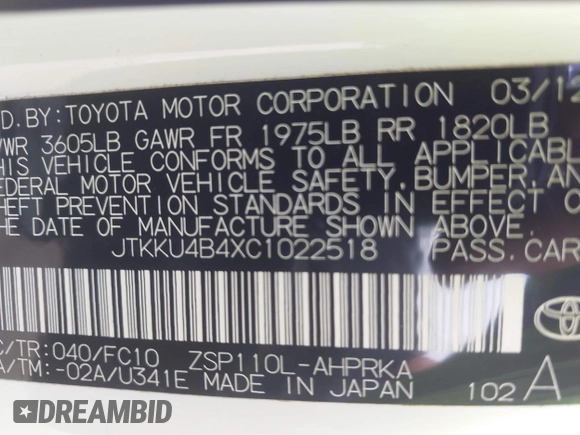 2012 Scion xD with VIN JTKKU4B4XC1022518, listed as a IAAI auction lot 42241872 with 125,541 mi miles and . Bid and sale history available at DreamBid. Image 9.